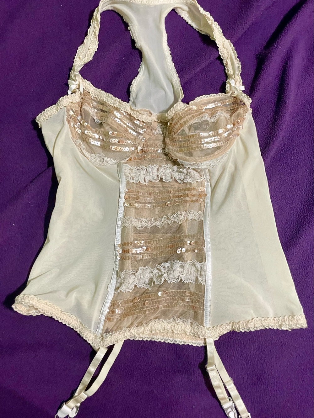 Rare Vintage Lip Service Fetish Classics Ivory Lace Sequin Garter Corset Cami